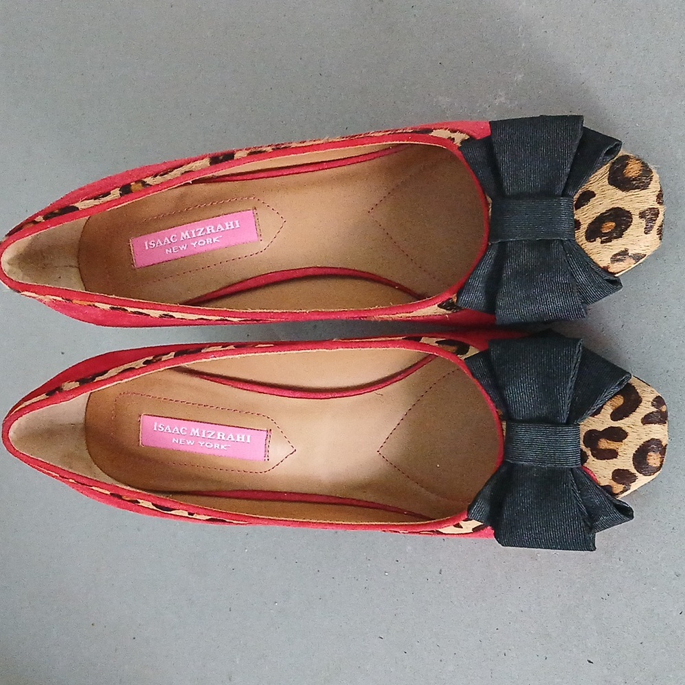 Isaac Mizrahi Red/Leopard Print Heels with CUTE bow, 7.5